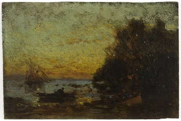 Båt och segelbåtar, solnedgång. På baksidan: Marine, mellan 1850 och 1860 (olja på trä)