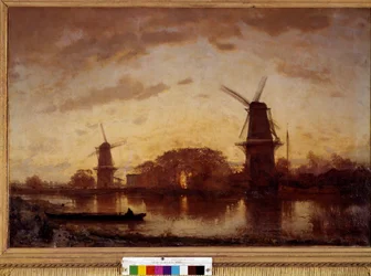 Stränderna av Amstelflodens landskap med kvarnar i Nederländerna. Målning av Felix Ziem (1821-1911). 1852. Sön 1,01 X 1,50 m. Bordeaux, Museum of Fine Arts
