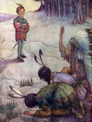 Indianer hyllar Peter Pan, som den store vite fadern (färglitografi)