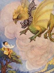 Griffin såg en liten gul man sitta på toppen av ett träd (färglitografi)