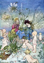 Kvinna-trollslända (älva) och tomte omgiven av bebisar - i "My Fairyland"" av Fiona Malcom, ill. Florens Andersson