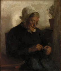 Old Woman Knitting (olja på duk)