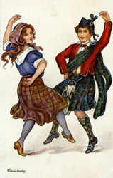 Par dansar i traditionell skotsk kostym. Kromolitografi av Florence Hardy