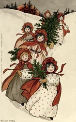 Små flickor med Holly och julgranen