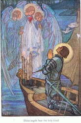 Tre änglar bär den heliga graalen (Sir Galahad) (färglitografi)