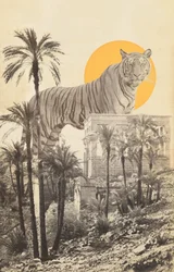 Jätte tiger i ruiner och palmer