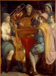Konsert Lutmusiker, epinett, trombon och viola de gamba. Anonym målning av den florentinska skolan 1550-1600. Sol 1,8x1,3 m
