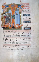 Upplyst initial med en biskop som välsignar en kyrka (Corale 2, ca 1), för körbok 2 av Santa Maria degli Angeli