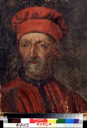 ""Porträtt av den rika florentinska bankiren Luca Pitti (1394-1472)"" Han gav sitt namn till Pitti-palatset) Målning av den florentinska skolan från början av 1500-talets regionala Deineka konstgalleri, Kursk Ryssland