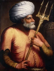 Porträtt av Khair el-Din Barbarossa, halvlångt, med en trident, ca 1580