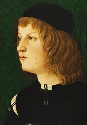 Porträtt av en ungdom, bystlängd, i en mörk mössa, c.1475