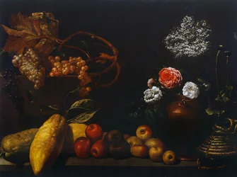 Stilleben med kopparkanna, rosor, vindruvor, fläderblommor, citrus och äpplen, av okänd konstnär från Florens, Italien