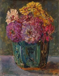 Stilleben med Zinnias i en grön burk