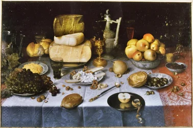 Holländska: Stilleben med frukt, ost, bröd och vin Dukat bord med ost och frukt