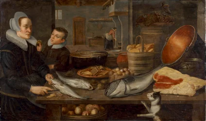 Ett köksstilleben med en städerska som rensar fisk vid ett bord och en pojke som håller i ett äpple