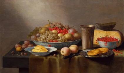 Stilleben med frukt, ost, bröd och en bägare (olja på panel)