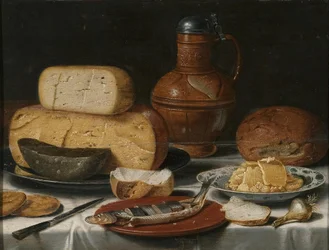 Stilleben med ost, sill, bröd och vin