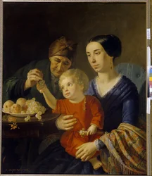 Familjeporträtt. En bebis som håller en skallra, i sin mammas knä, får några druvor från sin mormor. Målning av Foma Gavrilovich Toropov (1821-1898), olja på duk