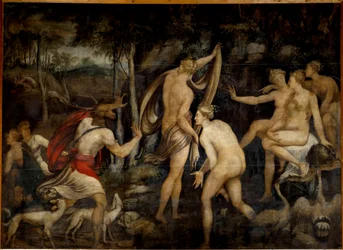 Diana (Artemis), jaktens gudinna, och Aktaion, jägare. Målning av Fontainebleauskolan (1500-talet). Mått 2,65 x 3,67 m