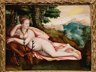 Diane de Poitiers, älskarinna till Henri II, kung av Frankrike, som gudinnan Diana (målning på duk)