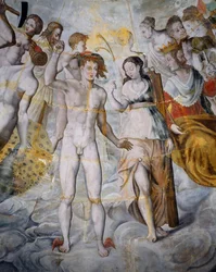 Merkurius, gudarnas och psykets budbärare, Janus till höger, fresker i Ligues förgyllda torn, Fontainebleau-skolan, Tanlay-slottet (1500-1600-talet), Bourgogne, Frankrike