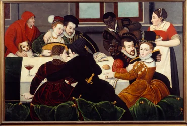 Den galanta måltiden Couples Enlaces, en tjänare av svart hud. Målning av School of Fontainebleau. 1500-talet Aix en Provence, Musee Granet