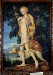 Gudinnan beväpnad med en pilbåge åtföljs av en hund. Målning av Ecole de Fontainebleau. 1500-talet sön. 1,91 x 1,32 m - Gudinnan Diana the Huntress beväpnad med en pilbåge åtföljd av en hund. Målning av School of Fontainebleau. 1500-talet. 1.9