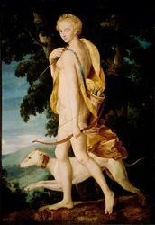 Gudinnan med båge har sällskap av en hund. Målning av School of Fontainebleau. 1500-talet sön. 1,91 x 1,32 m Paris, Louvren