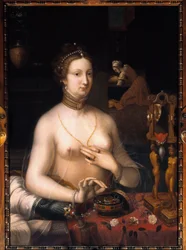 Damen har sin toalettmålning från School of Fontainebleau. Omkring 1560. Dim. 1,05 x 0,76 m. Dijon, Museum of Fine Arts