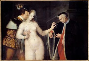Kvinnan mellan två åldrar. Scen som föreställer en prostituerad som uppvaktas av två män i olika åldrar. Målning av Fontainebleauskolan. 1588, Rennes, Konstmuseum