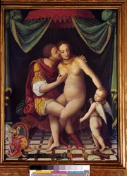 Venus och Mars, framställning av de två kyssande gudarna. Målning av Fontainebleauskolan från 1500-talet