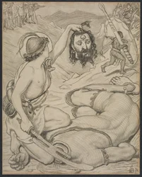 David och Goliath, tecknad film för fönster i målat glas på Jesus College, Cambridge