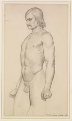 Manlig nakenbild - Akademisk studie, nakenbild i trekvartslängd, med mustasch och knutna nävar