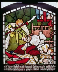 Sir Tristans död, ur "The Story of Tristan and Isolde", William Morris und Co. (målat glas)