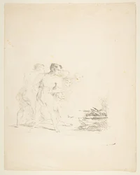 Män spottar på en eld, ca. 1820-1850.
