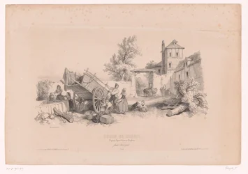 Gård med brunn, hövagn och olika figurer Ritkurs med studier av landskap, djur och detaljer (serietitel) Kurs designen. Paysages, figurer, animaux, tillbehör, par Férogio (serietitel på objekt)