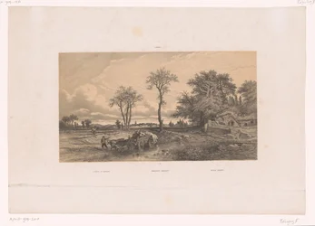 Gårdsvagn med oxar i ett ungerskt landskap Landskap i Ungern / Ungarische Landschaft / Paisage Húngaro (titel på objekt) Figurer i ett landskap (serietitel)