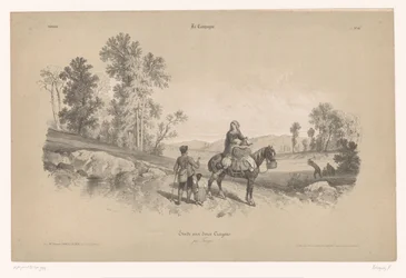 Kvinna till häst med man och barn i ett landskap Studies of Country Scenes with Two Chalks (serietitel) La Campagne. Etude aux deux crayons, par Férogio (serietitel på objekt)