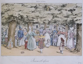 Barn och barnflickor i parken, från Tableau de Paris-serien, graverad av C. Motte, 1827