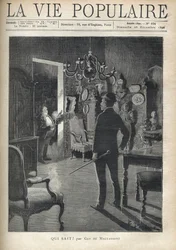 En man överraskar en inkräktare hemma mitt i natten. Illustration av F. Meaulle efter B. Borione för "" Vem vet? "" av Guy de Maupassant (1850-1893). Gravyr från 1890 i "La vie populaire". Privat samling
