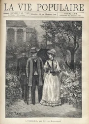 En man med bequilles promenerar med en elegant ung kvinna i gränderna i en park. En andra man följer efter dem. Illustration av Fortune Louis (Fortune-Louis) Meaulle för "" L