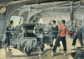 Ett marinbatteri bombar Santiago de Cuba, spansk-amerikanska kriget 1898 (Gravyr)
