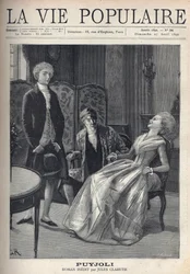 En ganska blond ung man, som ser dåligt ut, efter att precis ha friat, ser flickan fångas med ett skratt, vält över på hennes stol, under hennes fars ebahis ögon. Illustration för Puyjoli av Jules Claretie (1840-1913). Gravyr av Fortune Meaulle (184