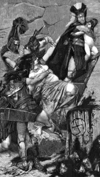 Andromaque: detalj av en gravyr (1883) av Meaulle efter en målning av Georges Antoine Rochegrosse (1859-1938). I händerna på de grekiska soldaterna försöker Andromaque hålla fast sin son Astyanax, som bärs bort av en thrakisk hoplit. I början av föreställn