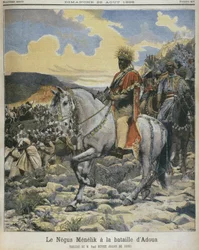 Black of Etiopia, Menelik II (1844-1913) vid slaget vid Adowa, illustration från 