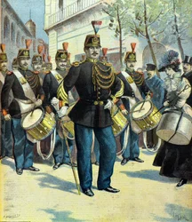 Parad av musiker och tamburmajor från Republikanska gardet, Paris 1896 (Gravyr)