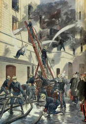 Felix Faure deltar i utbildningen av brandkåren i Paris 1898 (Gravyr)