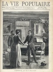 I ett borgerligt vardagsrum reser sig en man nederbörd mot husets älskarinna och tar tag i hennes händer, släpper hatten på golvet, under en annan mans häpnadsväckande blick. Illustration av Bernard Borione (1865-1800-talet), för testet av Guy
