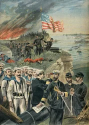 Amerikanska truppers landstigning vid Guantanamo, spansk-amerikanska kriget 1898 (Gravyr)