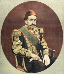 Porträtt av Abdul - Hamid Khan, sultan av det ottomanska riket 1897 (Gravyr)